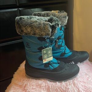 Blue and Black Winter Boots with Faux Fur Trim